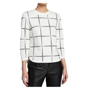 Akris Punto Cream Black Studded Grid 3/4 Sleeve Top Size 6 Luxury Preppy